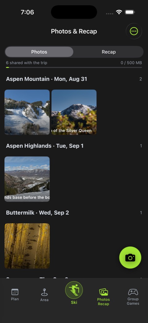 Photos grouped by resort and day: Aspen Mountain, Aspen Highlands, Buttermilk