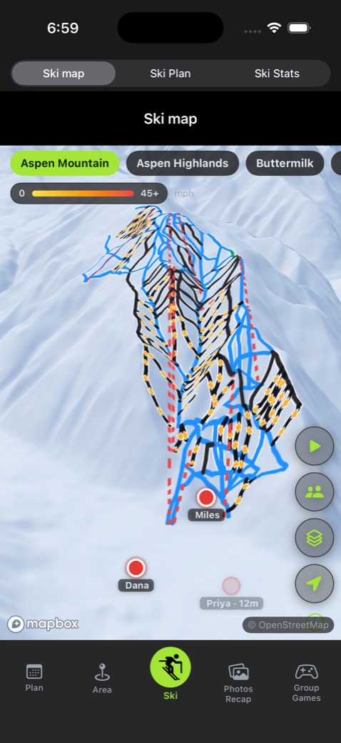 Runs and lifts drawn over 3D snow terrain