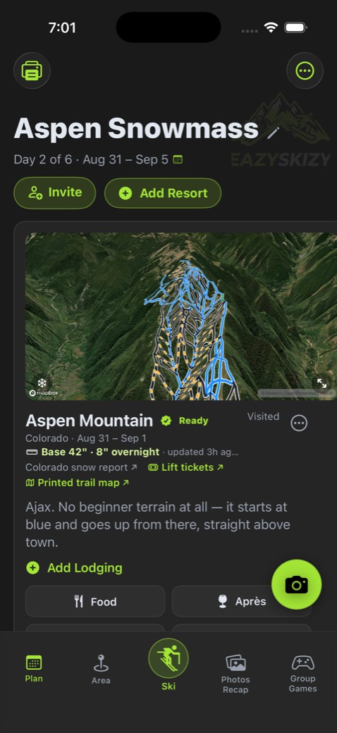 The Eazyskizy trip page: Aspen Snowmass, day 2 of 6, with a stay card showing the mountain, snow depth and lift tickets